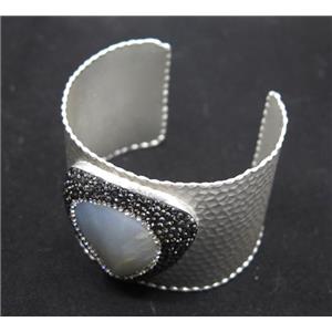 white pearl shell pave rhinestone, silver alloy cuff bracelet, approx 50mm wide, 65mm dia