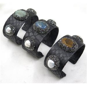 mix gemstone cuff bangle pave rhinestone, black snakeskin, alloy, approx 30mm, 62mm dia