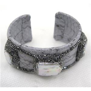 white pearl cuff bangle pave rhinestone, gray snakeskin, alloy, approx 40mm, 65mm dia