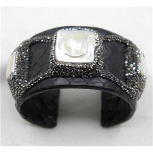 white pearl cuff bangle pave rhinestone, black snakeskin, alloy, approx 40mm, 65mm dia