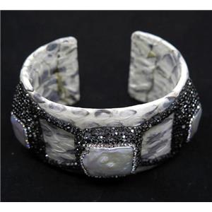 white pearl cuff bangle pave rhinestone, white snakeskin, alloy, approx 40mm, 65mm dia