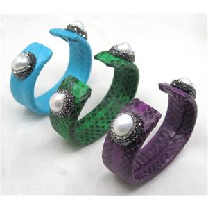 white pearl cuff bangle pave rhinestone, mix color, snakeskin, alloy, approx 20mm, 60mm dia