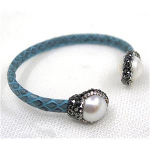 white pearl pave rhinestone, blue snakeskin copper cuff bangle, approx 60mm dia