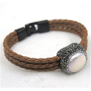 white pearl pave rhinestone, coffee PU leather cuff bracelet, approx 60mm dia