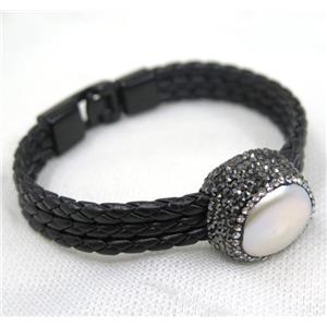 white pearl pave rhinestone, black PU leather cuff bracelet, approx 60mm dia