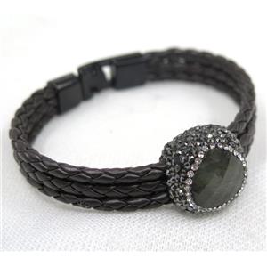 Labradorite pave rhinestone, black PU leather cuff bracelet, approx 60mm dia