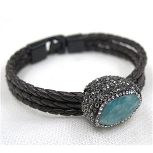 blue jade pave rhinestone, black PU leather cuff bracelet, approx 60mm dia