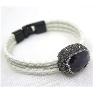 purple Amethyst pave rhinestone, white PU leather cuff bracelet, approx 60mm dia