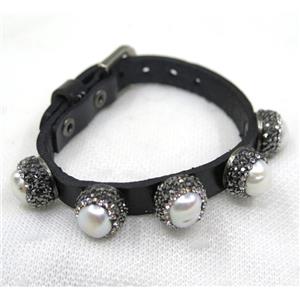 white pearl pave rhinestone, black PU leather cuff bracelet, approx 60mm dia