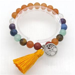 Chakra Bracelets with tassel, tree of life, aventurine, stretchy, approx 8mm dia