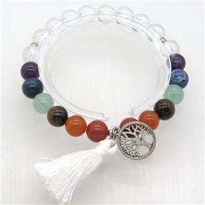 Chakra Bracelets with clear quartz, tassel, tree of life, stretchy, approx 8mm dia