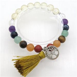 Chakra Bracelets with tassel, tree of life, stretchy, approx 8mm dia