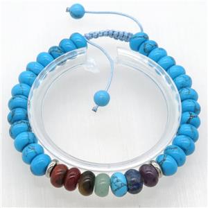 Chakra Bracelets with blue dye turquoise, Adjustable, rondelle, approx 8mm dia