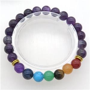 Chakra Bracelets with amethyst, stretchy, approx 8mm dia