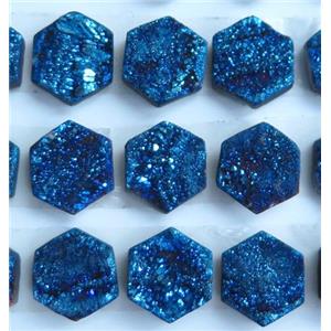 blue druzy quartz hexagon cabochon, approx 10mm dia