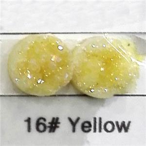 quartz druzy cabochon, flat-round, yellow, approx 10mm dia