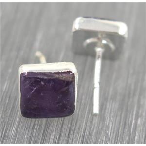 Amethyst earring studs, square, 925 silver plated, approx 8mm