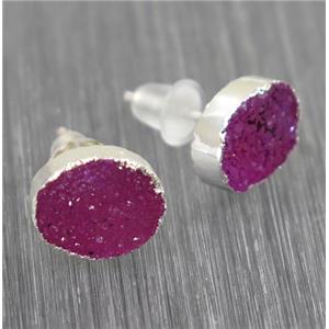 hotpink Druzy agate earring studs, 925 silver plated, approx 8x10mm
