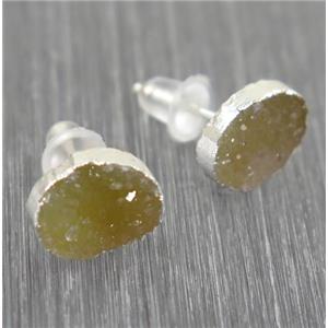 yellow Druzy agate earring studs, 925 silver plated, approx 8x10mm