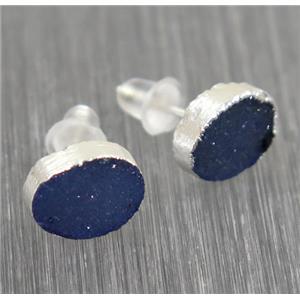 blue Druzy agate earring studs, 925 silver plated, approx 8x10mm