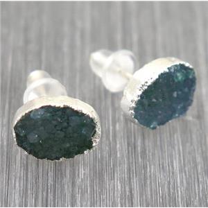 green Druzy agate earring studs, 925 silver plated, approx 8x10mm