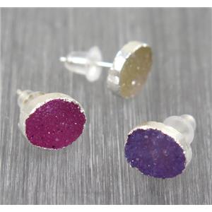 Druzy agate earring studs, mix color, 925 silver plated, approx 6x8mm