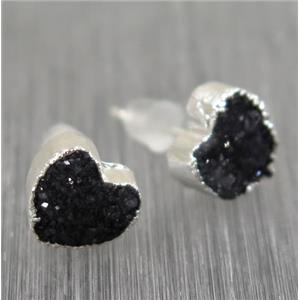 black Druzy agate earring studs, heart, 925 silver plated, approx 8mm