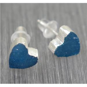 blue Druzy agate earring studs, heart, 925 silver plated, approx 8mm