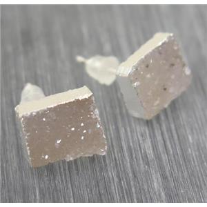 white-gray Druzy agate earring studs, square, 925 silver plated, approx 8.5x10.5mm