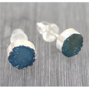 blue Druzy agate earring studs, circle, 925 silver plated, approx 6mm dia