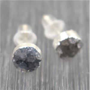 gray Druzy agate earring studs, circle, 925 silver plated, approx 6mm dia
