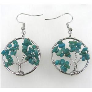tree of life earring with green amazonite chip beads, approx 30mm dia