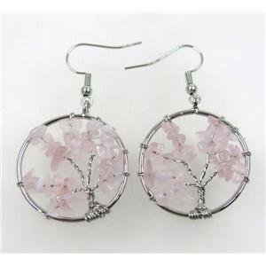tree of life earring with rose quartz chip beads, approx 30mm dia
