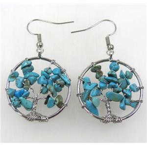 tree of life earring with blue truqoise chip beads, approx 30mm dia