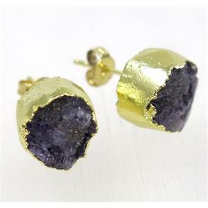 Amethyst druzy studs earring, gold plated, approx 12mm dia