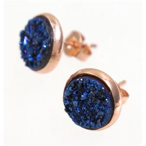 blue druzy agate earring studs, rose gold, approx 8mm dia