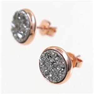 silver druzy agate earring studs, rose gold, approx 8mm dia