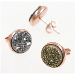 druzy agate earring studs, mix color, rose gold, approx 8mm dia