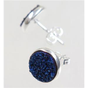 blue druzy agate earring studs, silver plated, approx 8mm dia