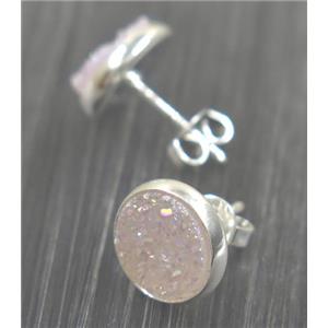 white AB-color druzy agate earring studs, silver plated, approx 8mm dia