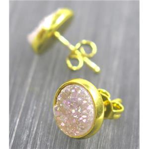 white AB-color druzy agate earring studs, gold plated, approx 8mm dia