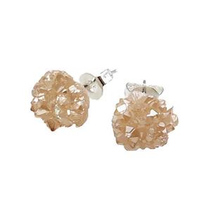 gold-champagne druzy agate earring studs, silver plated, approx 8mm dia