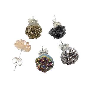 druzy agate earring studs, mix color, silver plated, approx 8mm dia