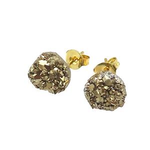 golden druzy agate earring studs, gold plated, approx 8mm dia