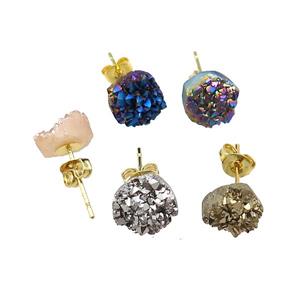 druzy agate earring studs, mix color, gold plated, approx 8mm dia