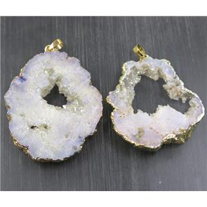 white AB-color Druzy Agate slice pendant, freeform, gold plated, approx 30-70mm
