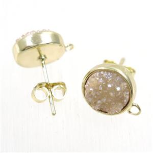 golden champagne druzy quartz earring studs, flat-round, gold plated, approx 10mm dia