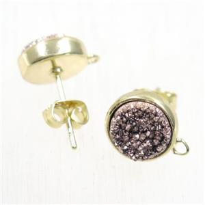 coffee druzy quartz earring studs, flat-round, gold plated, approx 10mm dia