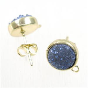 gray-blue druzy quartz earring studs, flat-round, gold plated, approx 10mm dia