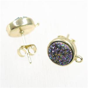 rainbow druzy quartz earring studs, flat-round, gold plated, approx 10mm dia
